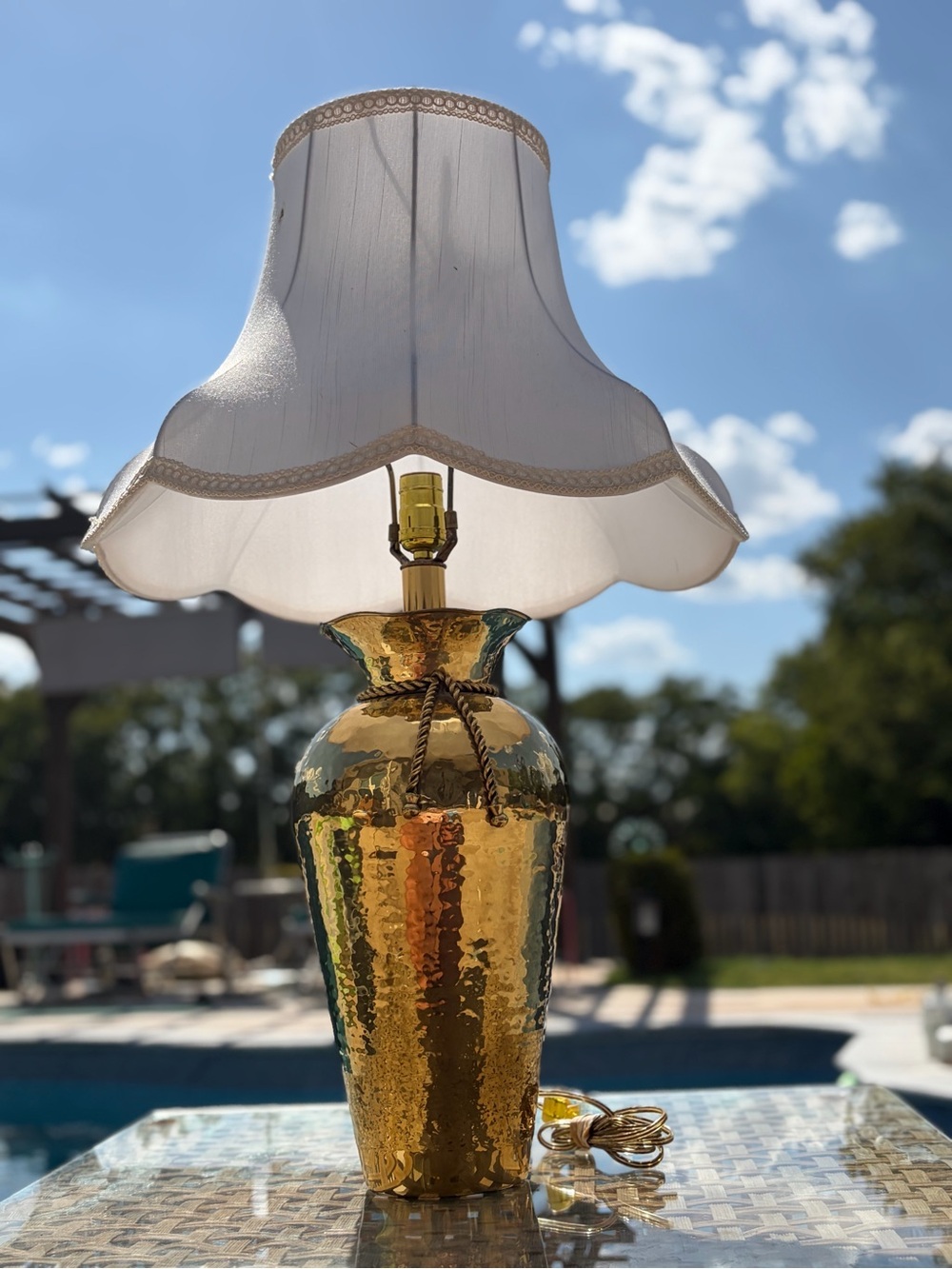 Gold Hammered Glass Table Lamp with White Scalloped Shade